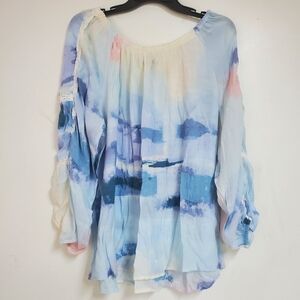 Zac & Rachel Blouse Womens 1X Blue White Watercolor Sheer Balloon Sleeve Tunic